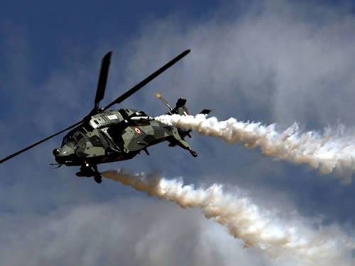 A helicopter is working in the sky in the picture, which is used to stand for military and defense industry.